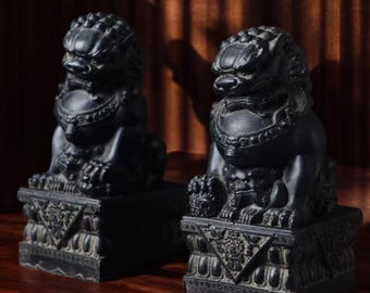 Carved Chinese Lion Statue Set: Antique-Style Feng Shui Guardian Couple