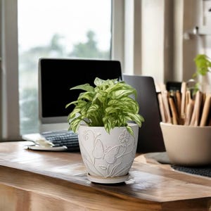 8 Inch White Ceramic Planter Pot,Embossed Flower Pot with Drainage Hole,Saucer,Indoor Outdoor Plant Pot for Succulents,Orchids,Houseplants