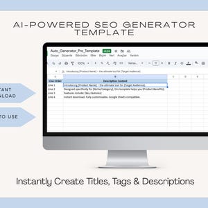 Puede incluir: Un monitor de ordenador muestra una plantilla de hoja de cálculo para un generador de SEO con tecnología de IA. La pantalla muestra texto que incluye "Introducing [Product Name]" e "Instantly Create Titles, Tags & Descriptions". La imagen también incluye el texto "Instant Download" y "Easy to Use".