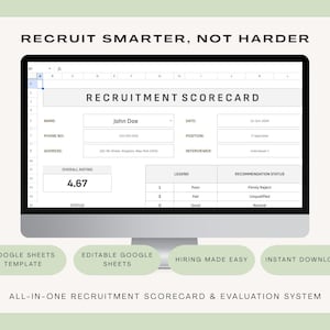 May include: A computer monitor displays a recruitment scorecard template. The screen shows fields for name, phone, address, and overall rating. Text at the top reads "Recruit Smarter, Not Harder." Below are the words "Google Sheets Template" and "Hiring Made Easy."
