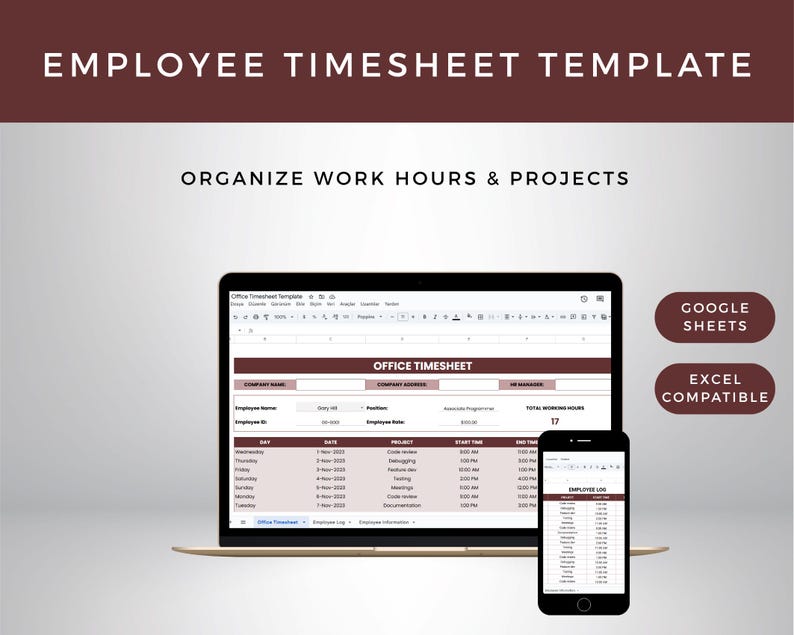Employee Timesheet Template | Google Sheets & Excel | Track Hours, Pay ...