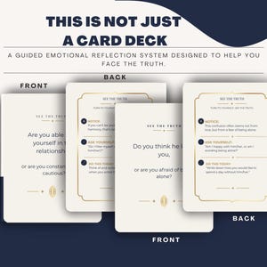 May include: A card deck with the text "THIS IS NOT JUST A CARD DECK" and "A GUIDED EMOTIONAL REFLECTION SYSTEM DESIGNED TO HELP YOU FACE THE TRUTH." The cards have gold trim and prompts for self-reflection.