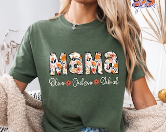 Camiseta para mamá con nombres de los niños, regalo personalizado para el Día de la Madre.
