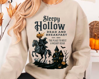 Bluza Sleepy Hollow – bluza z okrągłym dekoltem i nadrukiem jeźdźca bez głowy, straszna koszulka z głową dyni, upiorny prezent na Halloween.