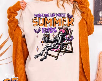 Camiseta "Despiértame cuando termine el verano", camiseta de esqueleto para Halloween, camiseta gráfica de otoño, camiseta para la temporada de Halloween.