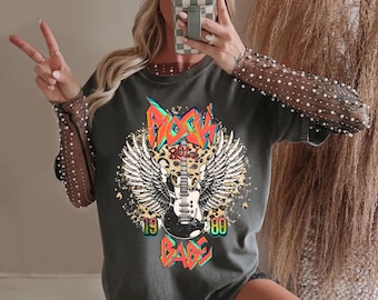 Camiseta vintage con estampado de chicas rockeras, camiseta de guitarra con estampado de leopardo, camiseta de rock retro.