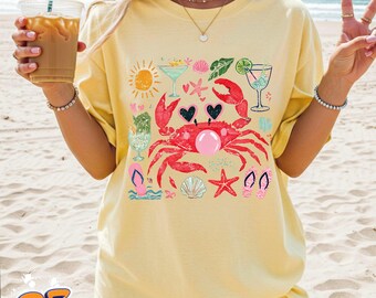 Camiseta para amantes de los cangrejos, ideal para vacaciones en la playa. Camiseta con estampado veraniego costero.