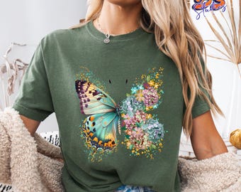 Camiseta con estampado floral de mariposas, camiseta botánica de mariposas, camiseta de naturaleza con flores silvestres, regalo para amantes de las mariposas