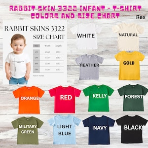 Puede incluir: Tabla de tallas y colores para camiseta de beb&eacute; Rabbit Skins 3322. La tabla muestra las tallas 6M, 12M, 18M y 24M con ancho y largo en cm. Los colores disponibles son blanco, natural, jaspeado, oro, naranja, rojo, kelly, bosque, verde militar, azul claro, marino y negro.