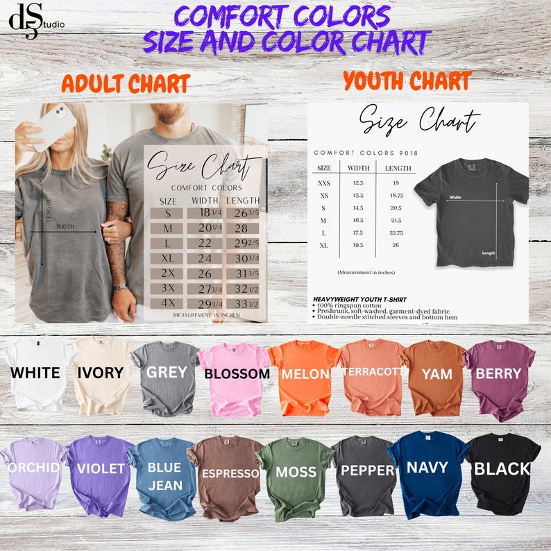 Puede incluir: Tabla de tallas y colores Comfort Colors para camisetas de adulto y juvenil. La tabla muestra medidas en pulgadas, con una paleta de colores que incluye blanco, gris y negro. La tabla de adultos muestra medidas en pulgadas.