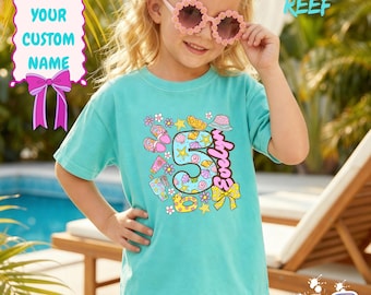 Custom Age Name Girl Shirt, Summer Birthday Outfit, Personalized Kids Beach Tee Gift