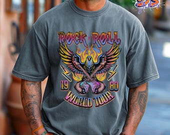Camiseta de rock and roll vintage, camiseta de banda, camiseta retro con estampado de guitarra, camiseta de la gira mundial de 1980