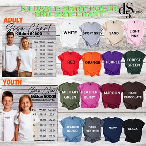 Puede incluir: Una tabla de colores y tallas de camisetas Gildan para adultos y j&oacute;venes. Los colores para adultos incluyen blanco, gris deportivo, arena, rosa claro, rojo, naranja, morado, verde bosque, verde militar, heather berry, granate, chocolate oscuro, etc.