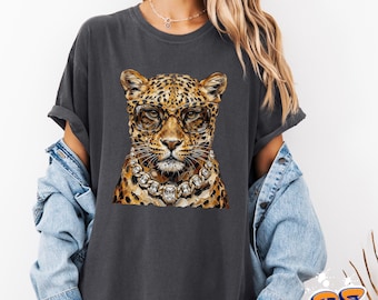 Camiseta con estampado de leopardo y gafas, camiseta elegante con estampado animal.