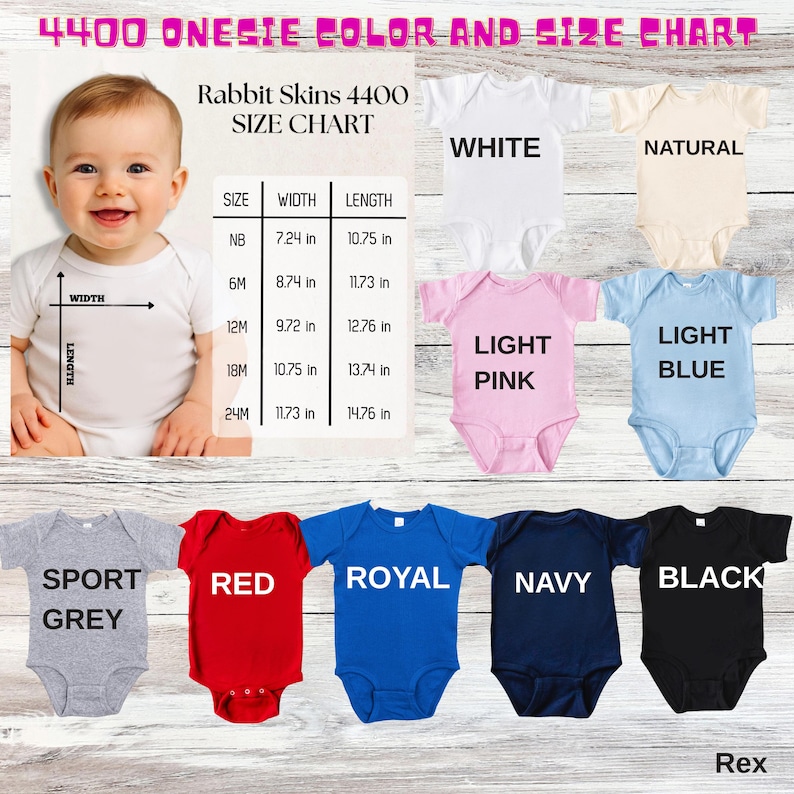 Puede incluir: Tabla de colores y tallas de bodies Rabbit Skins 4400 con un beb&eacute; en body blanco, una tabla de medidas en pulgadas y nueve bodies en blanco, natural, rosa claro, azul claro, gris deportivo, rojo, azul real, azul marino y negro.