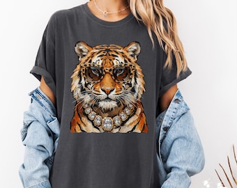 Camiseta con estampado de tigre y gafas, camiseta de moda con diseño de animales.