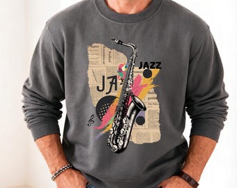 Jazz Saxophone Sweatshirt, Unisex Jazz Lover Shirt, Sax Player Gift, Musician Sweatshirt, Vintage Jazz Art, Music Lover Gift