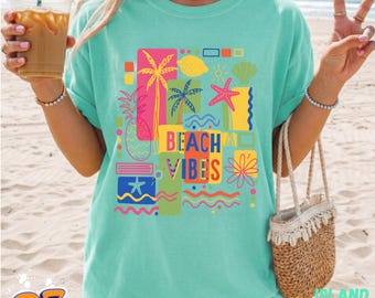 Camiseta con estampado playero, camiseta de vacaciones de verano, camiseta con estampado costero, conjunto playero de moda.