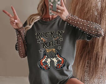 Camiseta Rock N Roll con Gráfico de Guitarra, Camiseta Vintage de Música, Camiseta de Estilo Retro de Banda de Rock