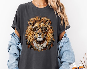 Camiseta con estampado de león y gafas, camiseta de moda con diseño de animales