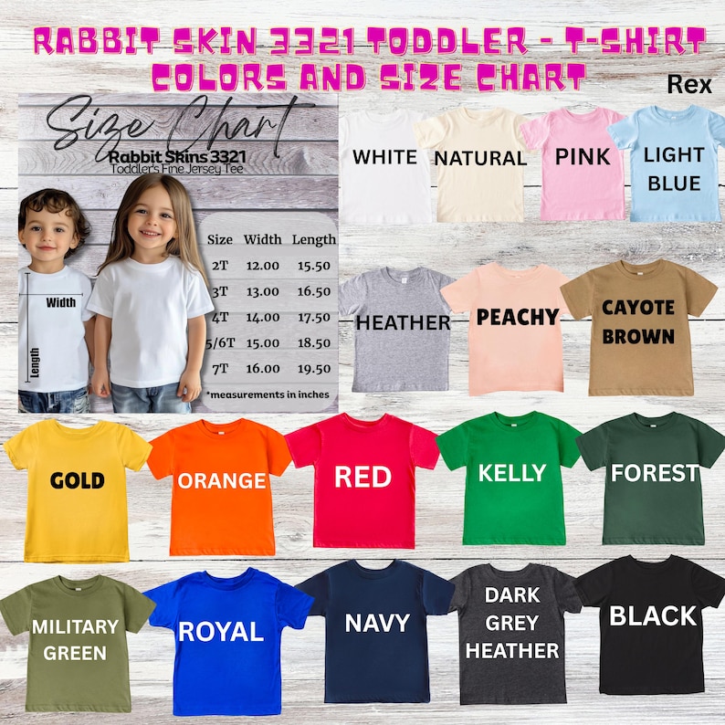 Puede incluir: Una tabla de colores y tallas de camisetas para ni&ntilde;os peque&ntilde;os Rabbit Skins 3321 que muestra una cuadr&iacute;cula de camisetas de manga corta en varios colores, incluyendo blanco, rosa, azul claro, jaspeado, melocot&oacute;n, marr&oacute;n, oro, naranja, rojo, kelly, bosque, verde militar, real, marino, gris oscuro jaspeado y negro, con una tabla de tallas en pulgadas.