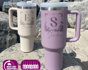 Personalized 40oz Tumbler with Handle  Lid | Custom Floral Initial  Name Engraved Cup | Stanley Style Mug | Gift for Her | Bridesmaid Gift