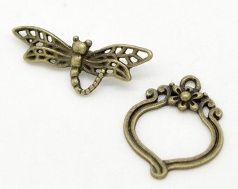 10 sets Dragonfly Antique Toggle Clasps