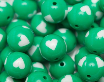 20mm Green With White Hearts Chunky Bubblegum Necklace Beads 10 ct - Bubble Gum Beads Chunky BEads