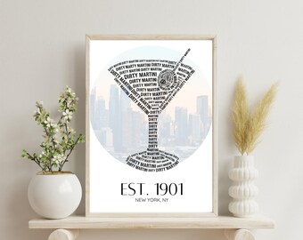 Dirty Martini Poster Print – Vintage-geïnspireerde cocktailmuurkunst – Afdrukbaar bardecor – Est. 1901 New York: directe digitale download