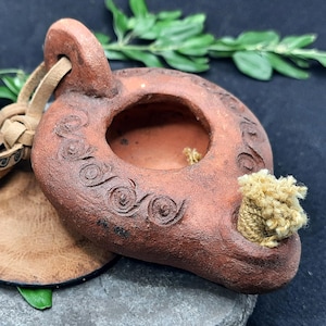 Unique clay oil lamp of Roman Empire, Roman firmalampen, Clay Roman Empire oil candle style with leather lining and wood leaf decoration