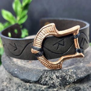 Celtic ancient Buckle of Viking Age on a Bracelet with Runes, Unique Bangle with Authentic Artifact, Protection bronze clasp of Kievan Rus
