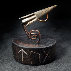 Scythian Bronze Battle Arrowhead: Ancient Warrior Artifact on Celtic Rune Wood Stand