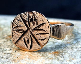 Medieval Bronze Wind Rose Ring. Cossacks Artifact 15th century AD. Ancient Amulet with Compass