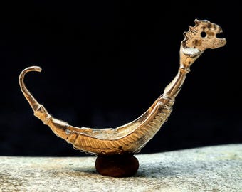 Ancient Bronze Viking Age Amulet "Drakkar". Rare Slavic Artifact "Dragon Ship" 10th century AD