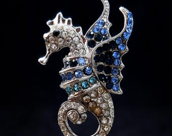 Vintage Silver 925 Brooch "Sea Horse" with Blue Crystals. Sterling Nautical Style Jewelry Amulet