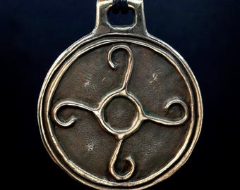 Bronze Scythian Mirror with Kolovrat. Talisman made from bullets war in Ukraine. Celtic Amulet