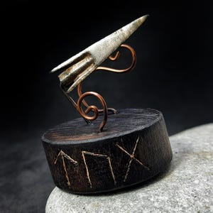 Ancient Scythian arrowhead on unique Stand with Celtic Runes, Antique cold steel, Iron Age pendant, Original warrior artifact of Bronze Age