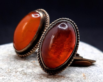 Vintage Silver 875 Cufflinks with Sunny Baltic Amber Stone. Ancient Rare 1950s Riga Jewelry