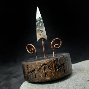 Original Scythian arrowhead on unique Stand with Celtic Runes, Ancient warrior artifact of Bronze Age, Antique cold steel, Iron Age pendant