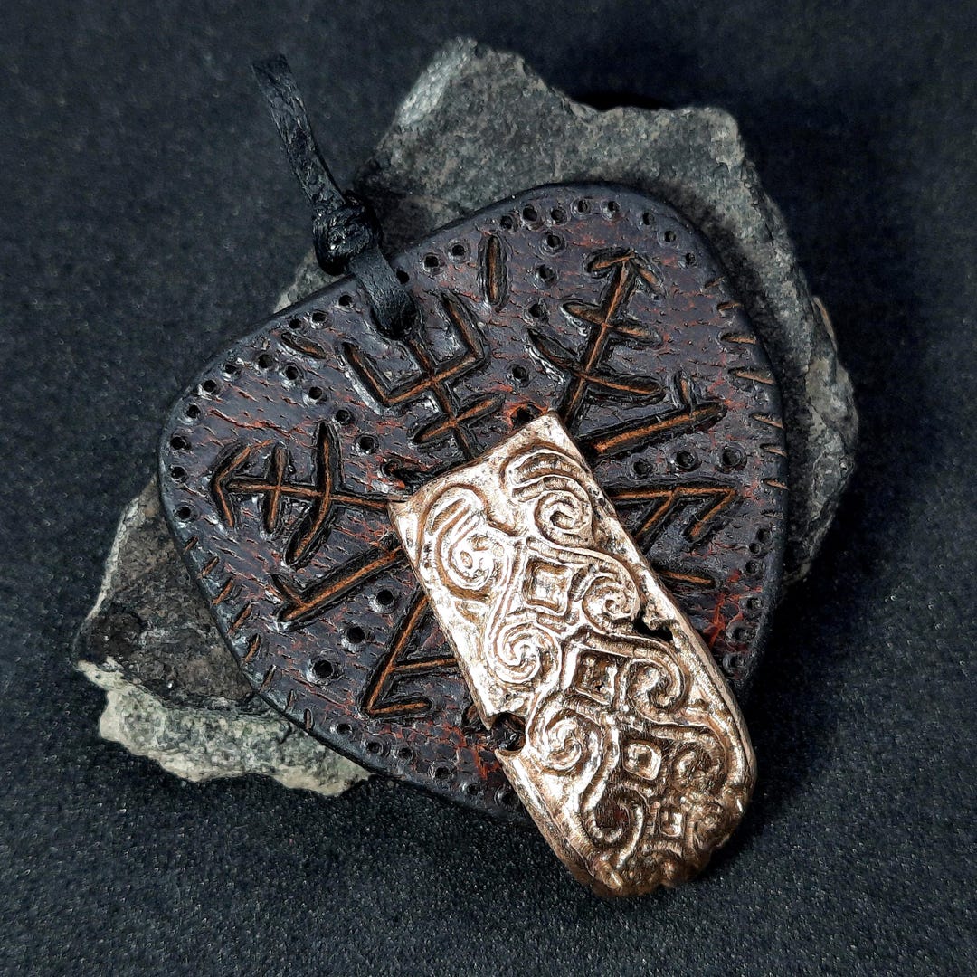 Viking Age Bronze Amulet Celtic Runes, Leather Holder. Kievan Rus