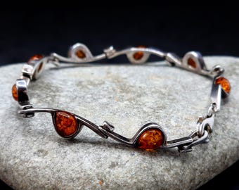 Vintage Sterling Silver Bracelet with Sunny Baltic Amber Droplets. Ancient Rare 1950s Bangle Jewelry