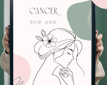 Cancer Season Birthday Gift for Her – Printable Zodiac Wall Art, Boho Minimalist Line Drawing, Digital Card for July Women, PDF Download
