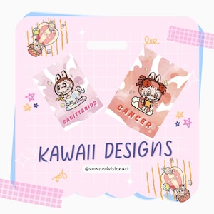 Kawaii LABUBU-astrologiekaartenset - 12 sterrenbeelden - direct downloaden png - kleurrijk en trendy cadeau voor meisjes, tieners en spirituele liefhebbers