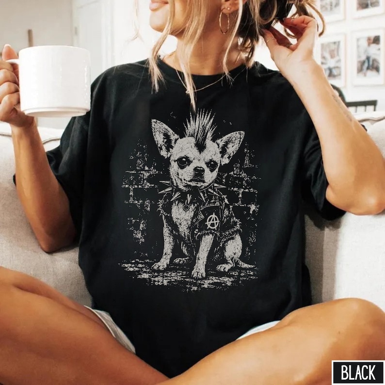 Punk Chihuahua Shirt, Vintage Punk Dog Tee, Funny Dog Lover Gift, Grunge Aesthetic Shirt, Comfort Colors Alternative Tee Black