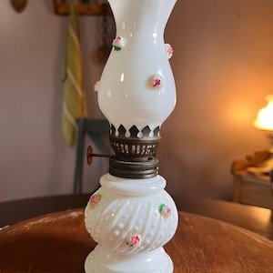 Vintage Mini Oil Lamp Milk Glass Hand Painted Pink Roses