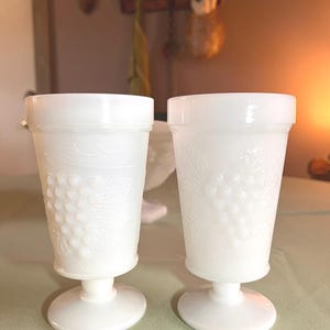 Two vintage Milk Glass Footed Tumbler Goblets Grape Vine
