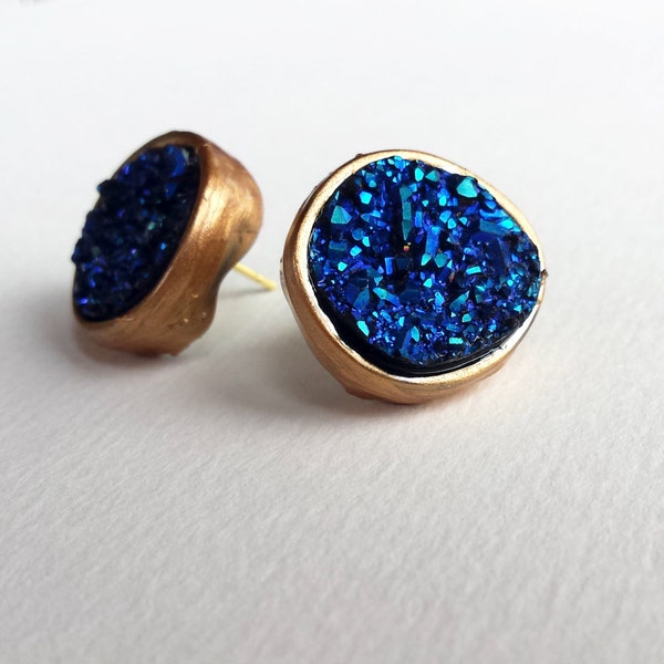 Gold and blue mineral earring