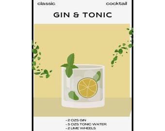 Póster de cóctel de gin-tonic, arte mural vintage, decoración de bar, regalo para amantes de los cócteles, decoración elegante de cocina, decoración para fiestas.