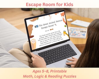 May include: A laptop displays a colorful "Escape Room" game for kids, featuring animal characters and the text "The Great Animal Rescue Escape Room!" The screen also shows the text "Ages 5-8, Printable Math, Logic & Reading Puzzles."