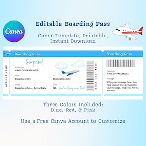 Editable Boarding Pass Canva Template – Fake Plane Ticket Printable | Surprise Trip Vacation Travel Gift | Instant Download | Airline Ticket